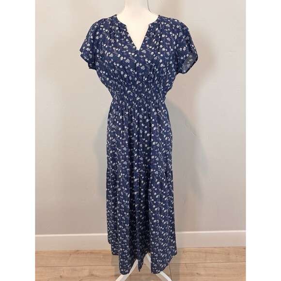 Sojourn Blue Floral Maxi Dress Women’s Sz S Short Sleeve V Neck Elastic Waist - Picture 1 of 12